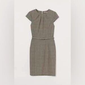 H&M Plaid Pleated Belted Sheath Dress Gray Professional Fashion Size XL NWT